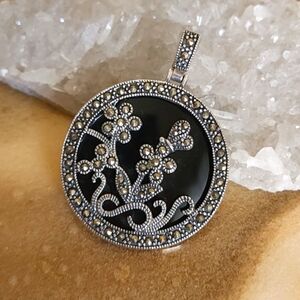 Sterling Silver Marcasite Black Floral Pendant